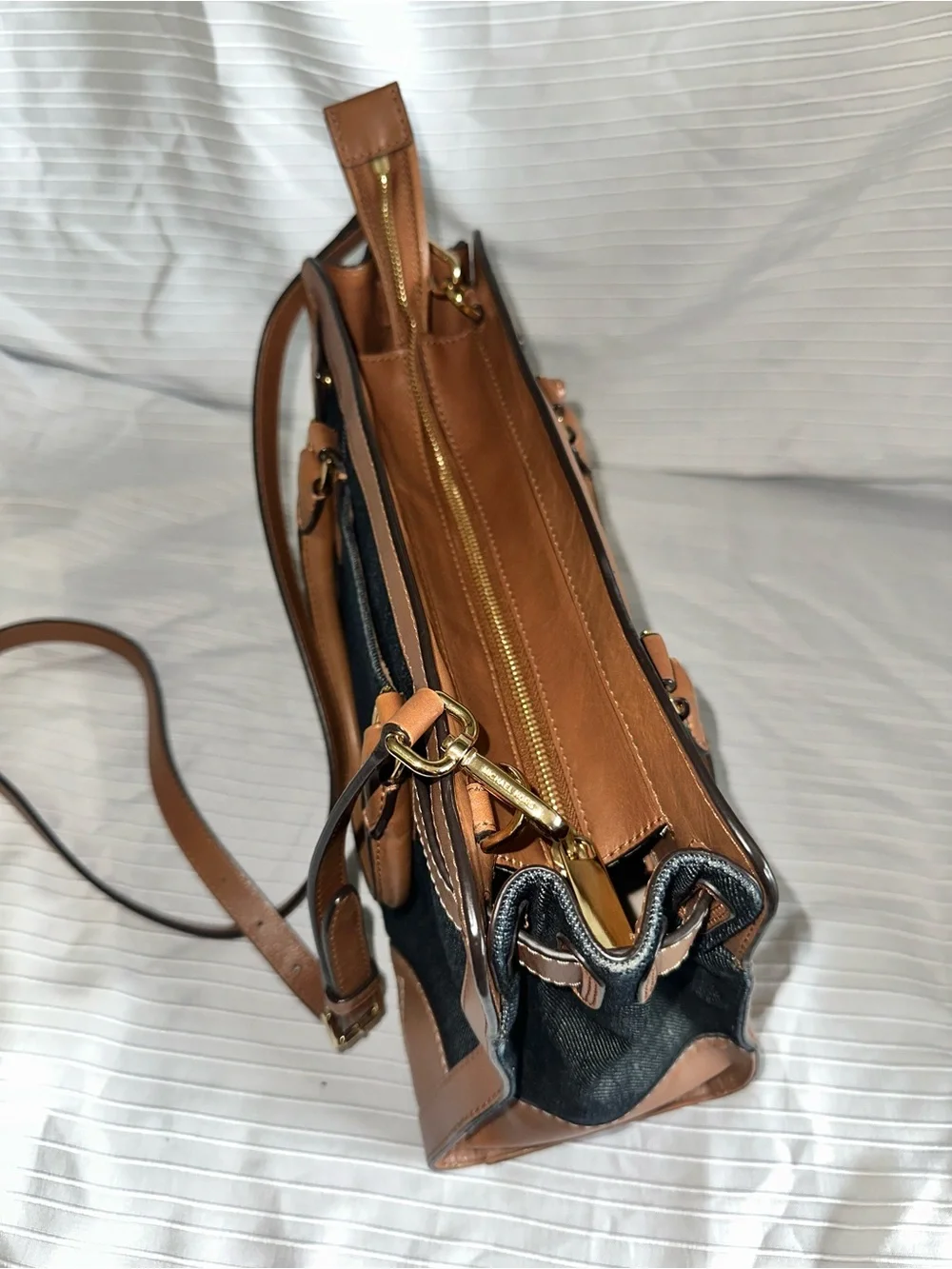 Michael Kors Black Denim Satchel with Brown Leather Trim